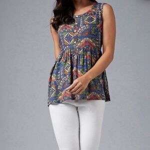 Azira -248‎ Boho Indian Sleeveless Babydoll Blouse Blue Print Women's Medium